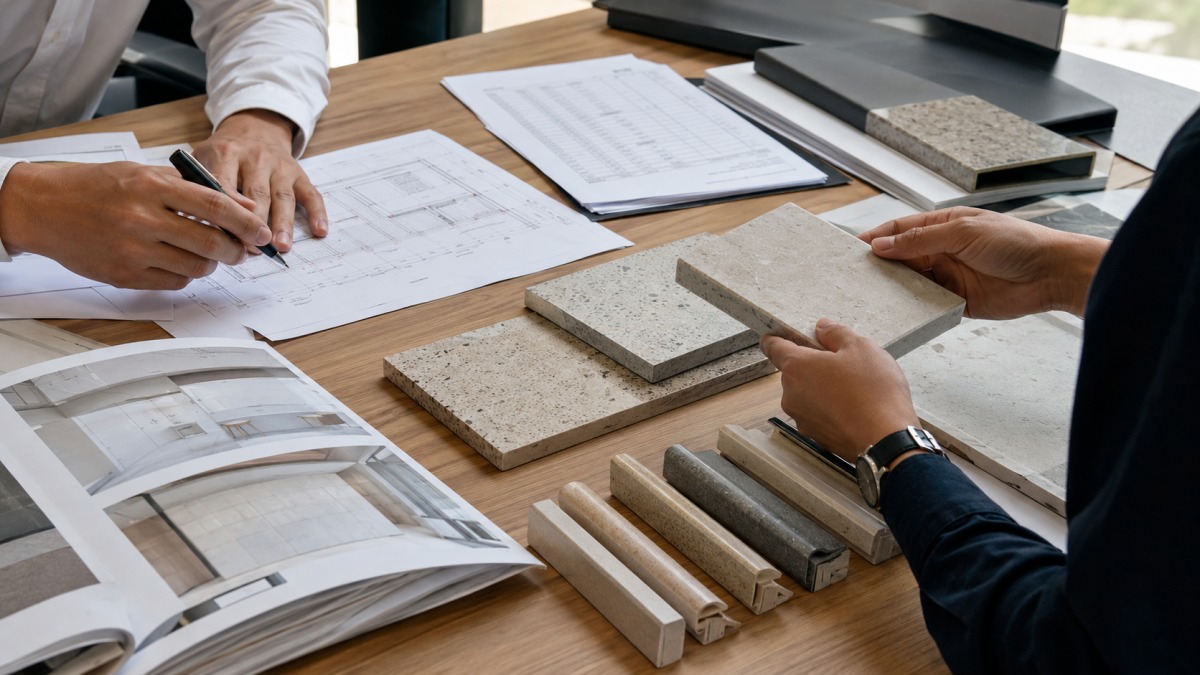 stone-project-drawings-quotation-review Stone supplier reviewing project drawings samples and cut-to-size details with buyer