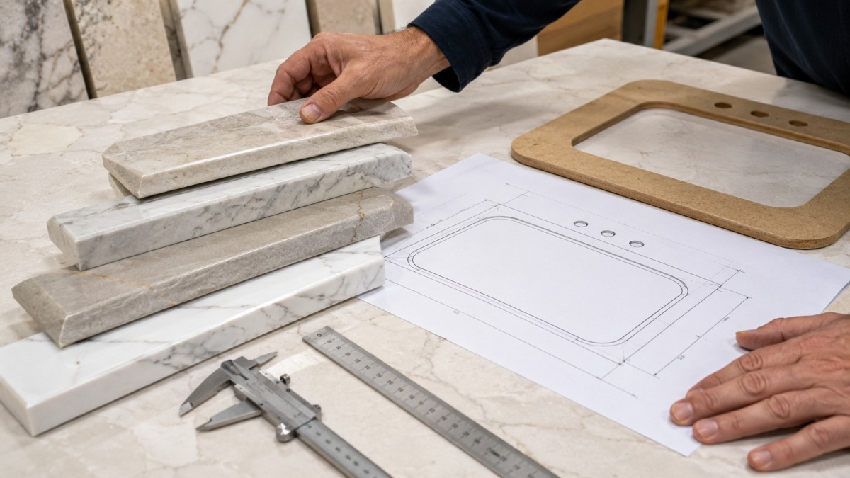 Stone edge profiles sink cutouts and faucet holes checked before cut-to-size fabrication