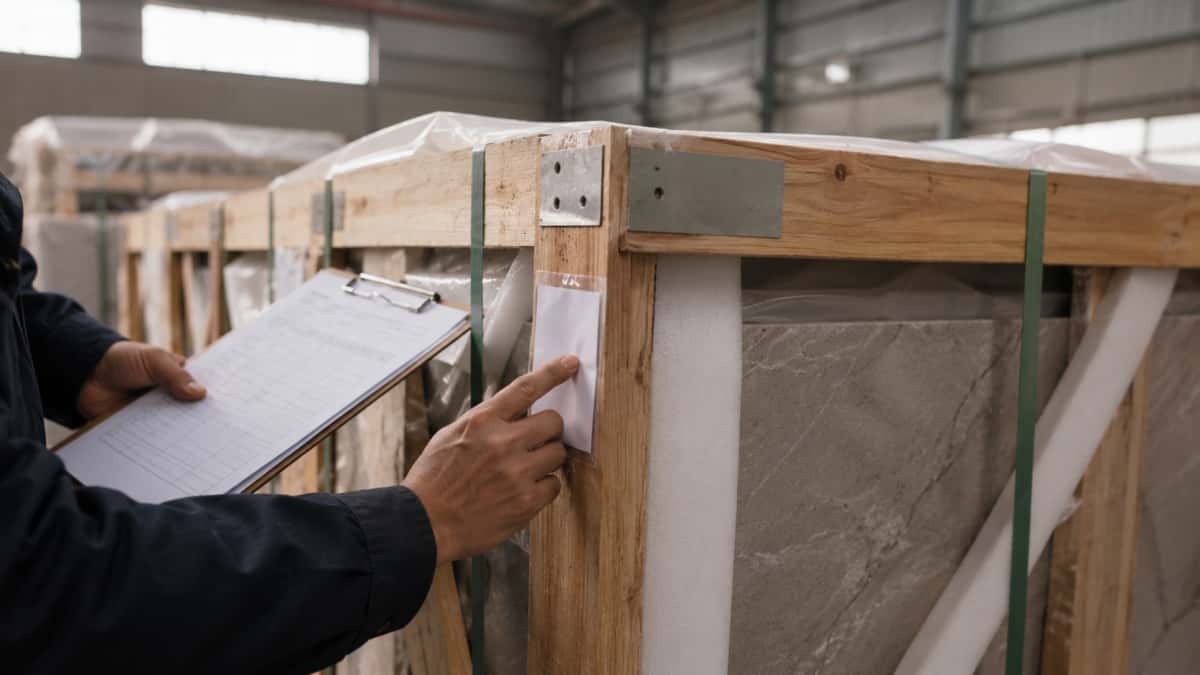 Stone crate labels and packing list checked before opening