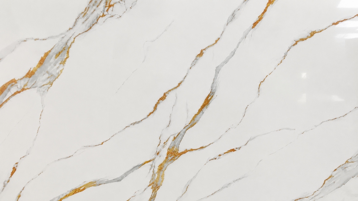 Close-up of Calacatta Gold printed marble look artificial stone surface