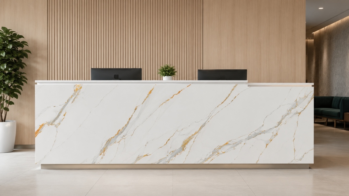 Printed marble look artificial stone reception counter front panel