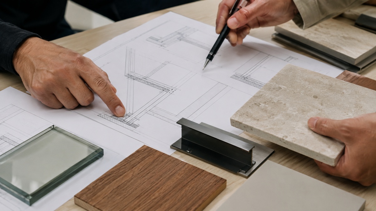 Stone transition details with metal wood and cabinet checked in drawings