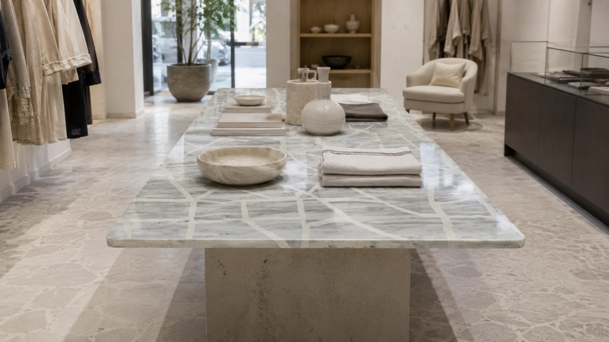 Terrazzo inlay and marble tabletop furniture detail with polished finish