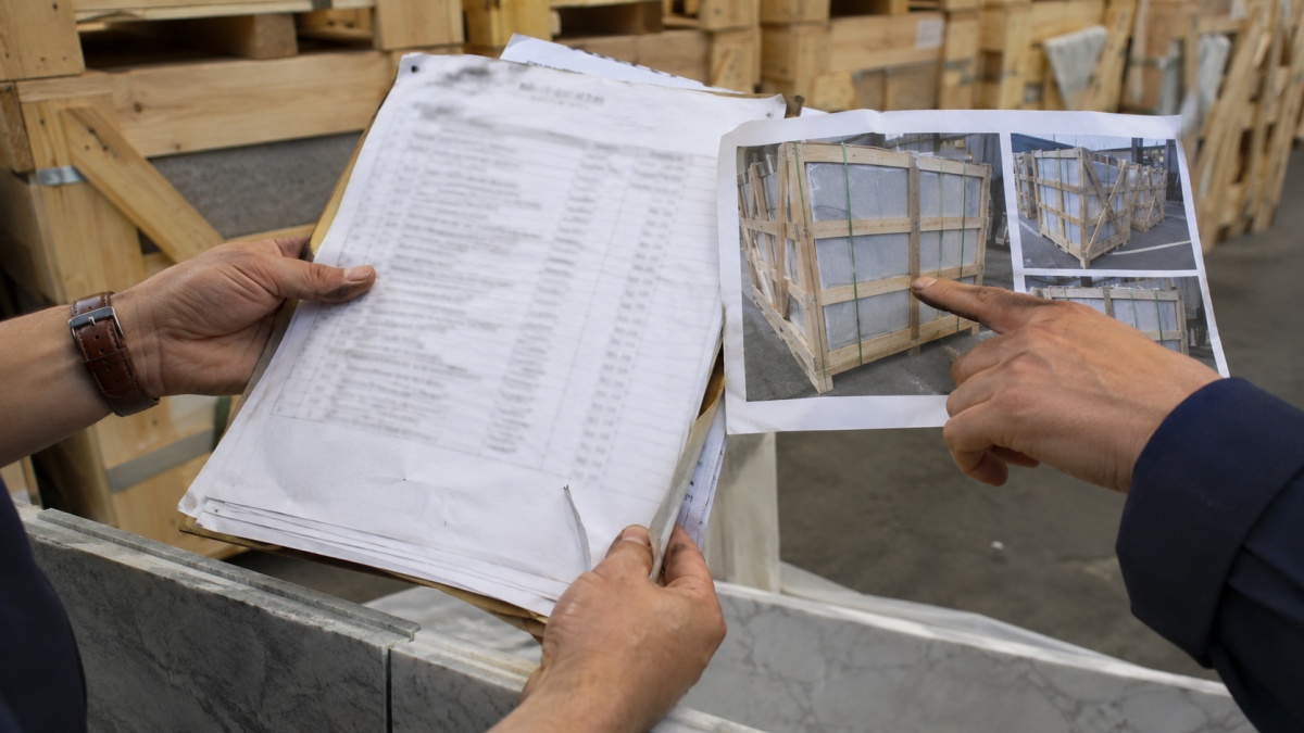 stone-packing-list-and-crate-photo-check Stone packing list checked against crate photos before shipment
