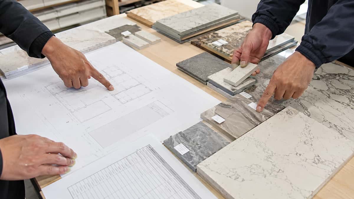Cut-to-size stone order drawing check with size list and samples