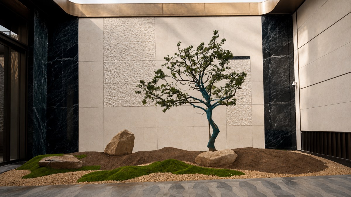 Cotswold Cream Limestone wall cladding in an interior entrance area with bronze metal and stone flooring