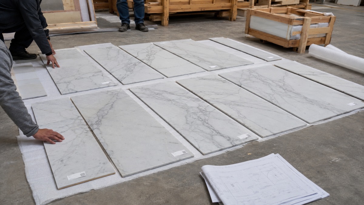 Stone dry lay layout review before packing for project installation sequence