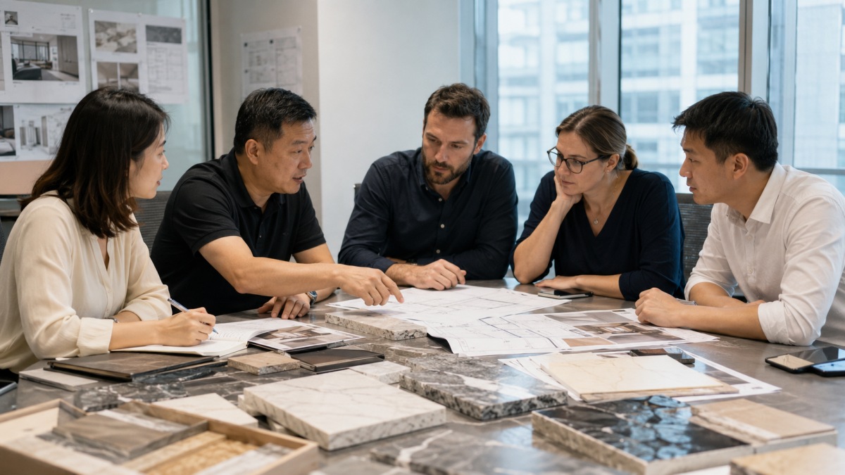 stone-installation-responsibility-project-meeting Stone buyers reviewing installation responsibility with supplier drawings and site documents before project work begins