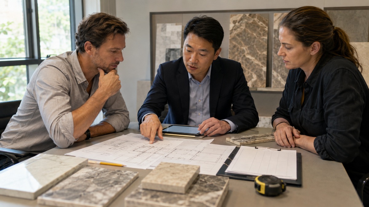 stone-installation-responsibility-meeting Stone project team reviewing shop drawings, stone samples, and installation responsibility checklist before production