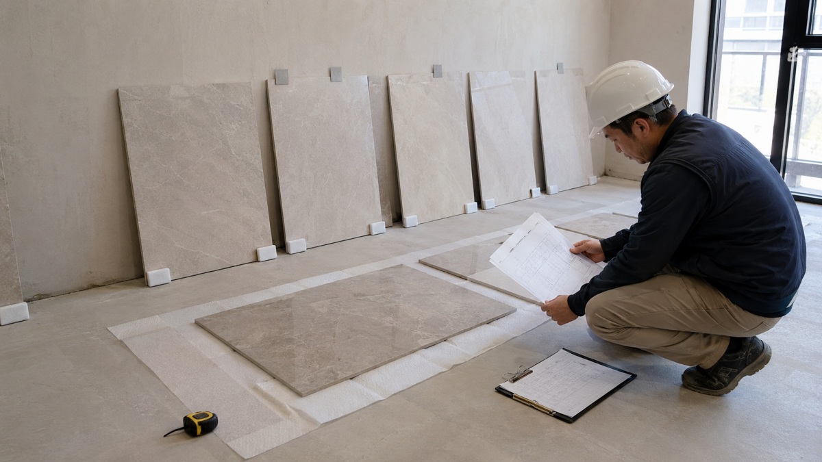 stone-site-coordination-before-installation Clean stone project site with numbered stone panels, shop drawings, and installer checking layout before installation