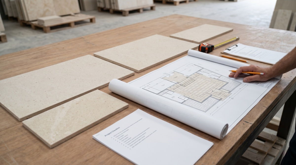 beige-limestone-wall-cladding-panel-layout Beige limestone wall cladding panels with controlled joint alignment