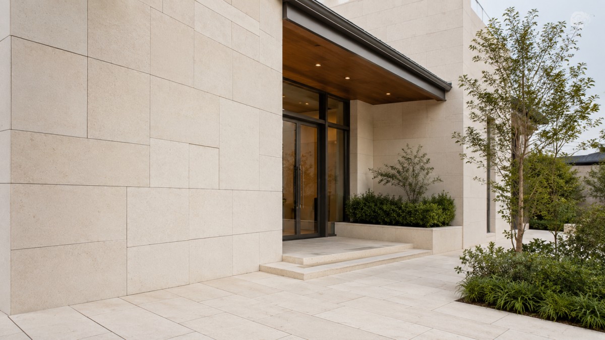 warm-limestone-entrance-wall-completed-scene Warm limestone entrance wall for an architectural courtyard project