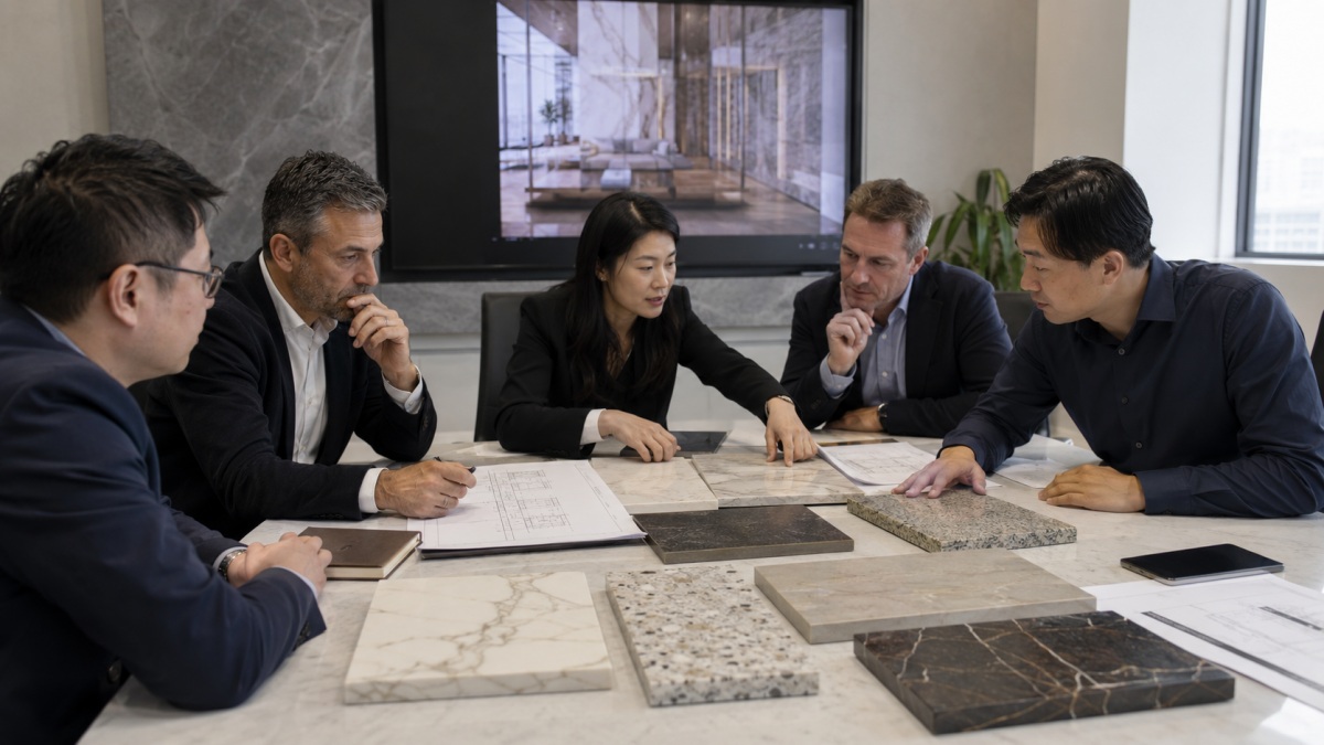 alternative-stone-material-review-meeting Project team reviewing alternative stone materials with drawings and samples