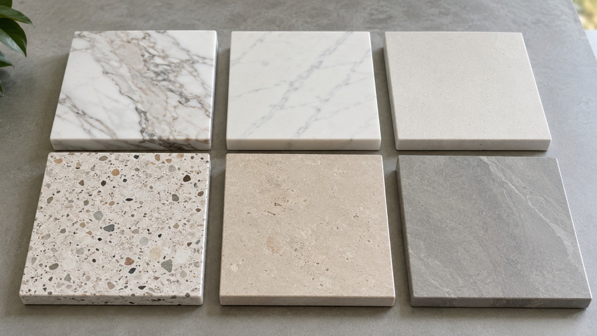 stone-material-comparison-board-for-design-intent Natural marble, artificial marble, quartz, terrazzo, limestone, and sintered stone samples arranged for project comparison