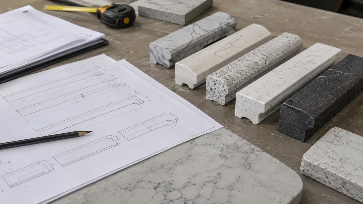 Stone fabrication drawing showing countertop edge profile and exposed polished sides