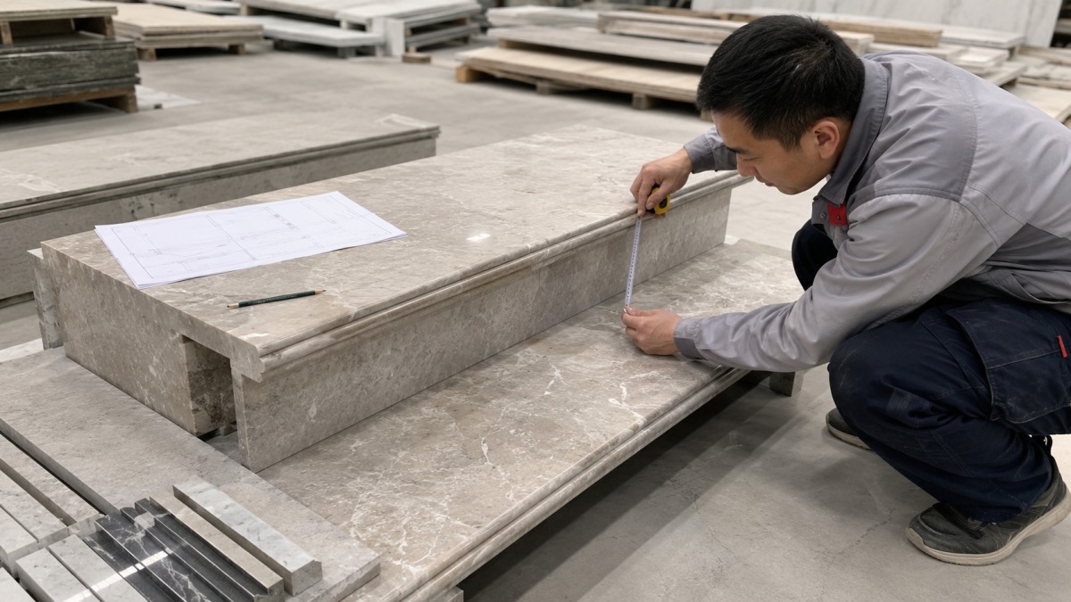 Marble stair tread and nosing profile reviewed before fabrication