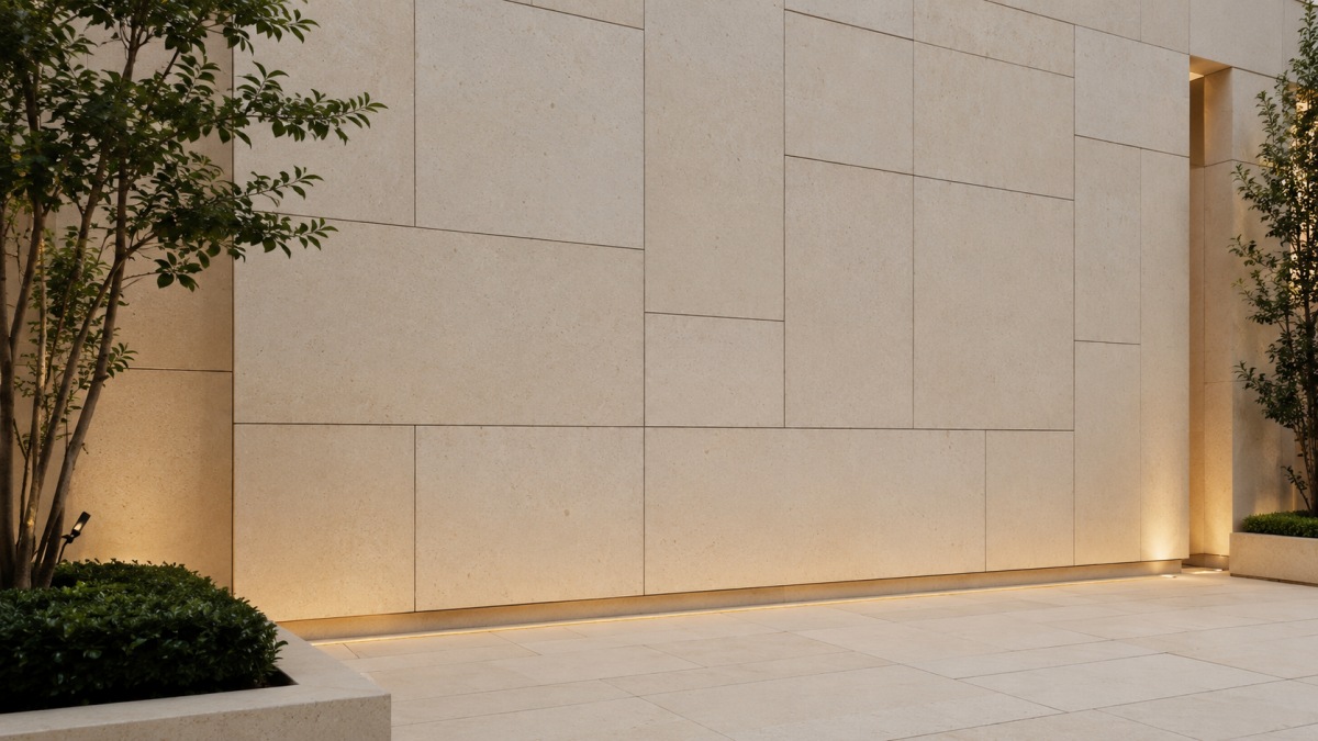Cotswold Cream Limestone Villa Courtyard Entrance Cotswold Cream limestone paving and wall cladding for a villa courtyard entrance, with warm cream beige color, natural fossil particles, subtle variation, and matte architectural texture.