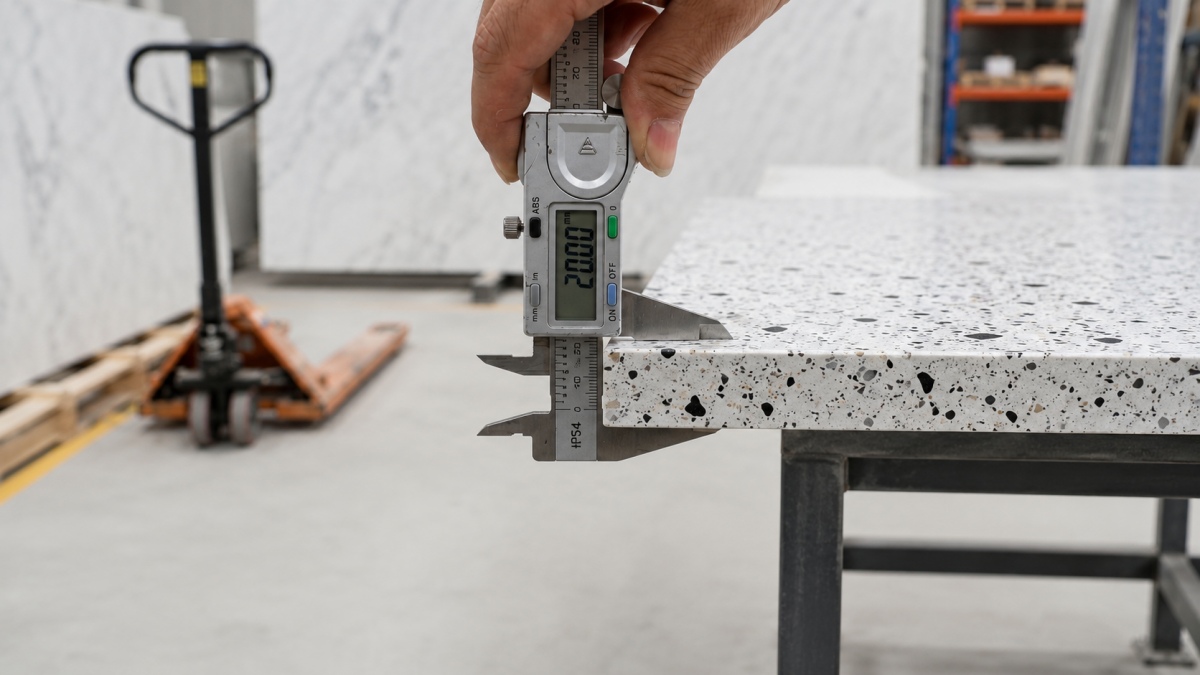 Factory worker inspecting terrazzo tile thickness and body quality before packing