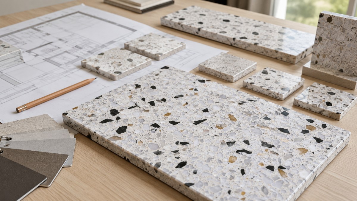 Terrazzo samples reviewed against approved project specification before production
