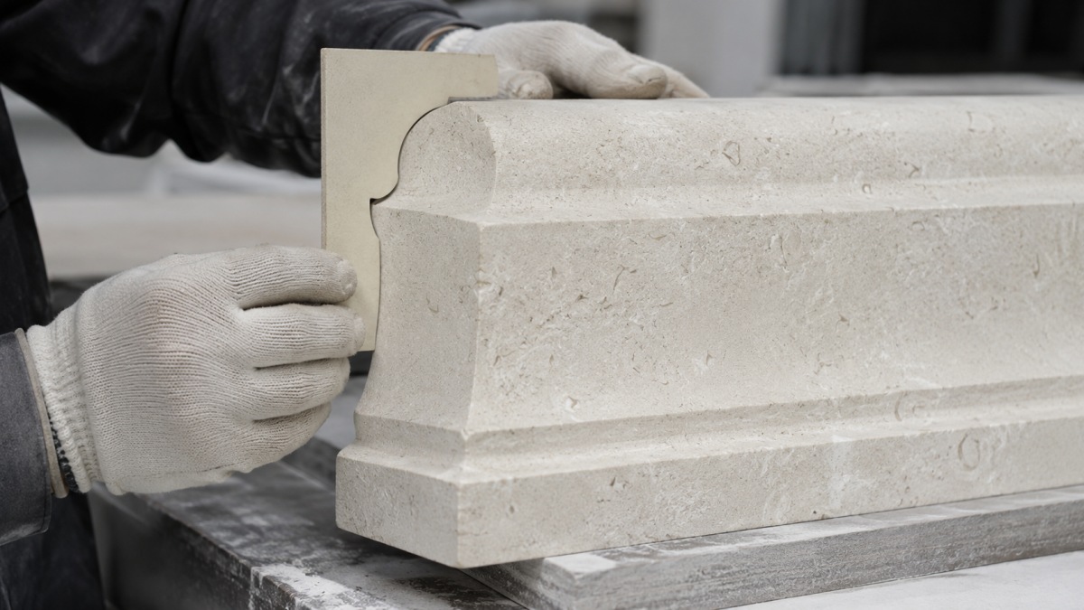 Worker checking a Moonlight Beige Limestone molding profile with a template before project packing
