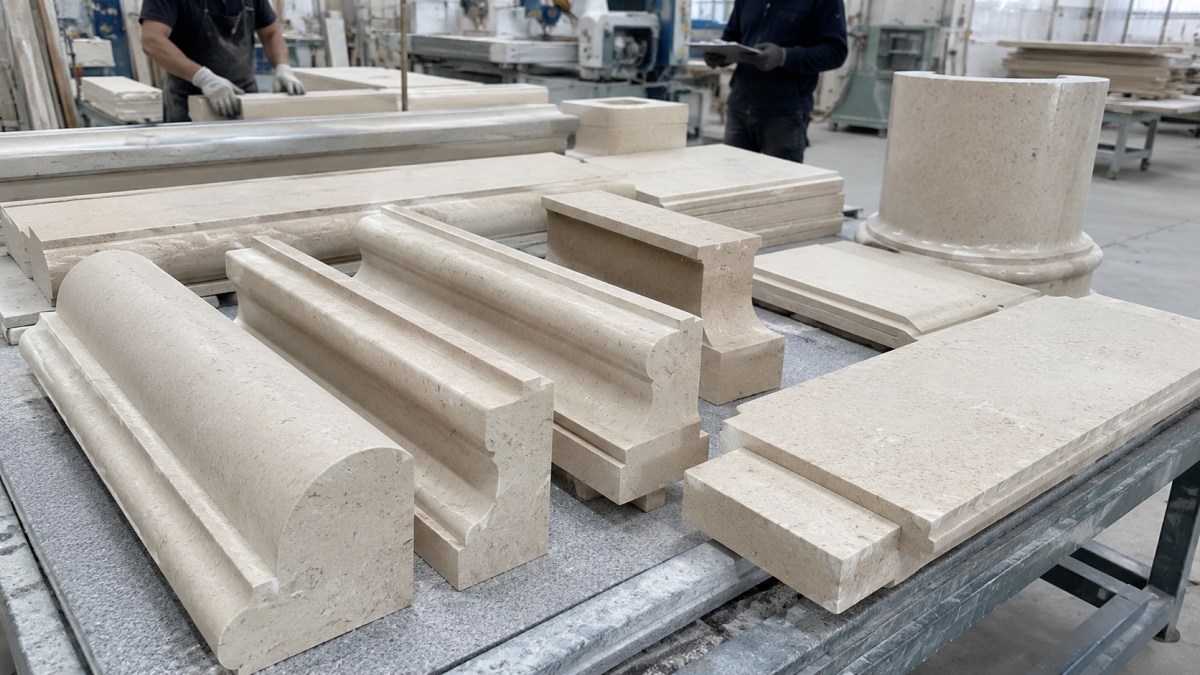 Caliper inspection of Moonlight Beige Limestone molding thickness and edge profile before packing