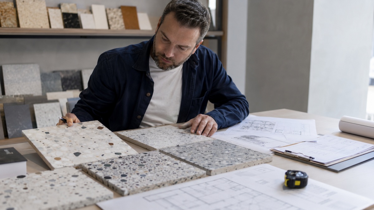 Project buyer reviewing terrazzo slab samples, drawings, and order details before production