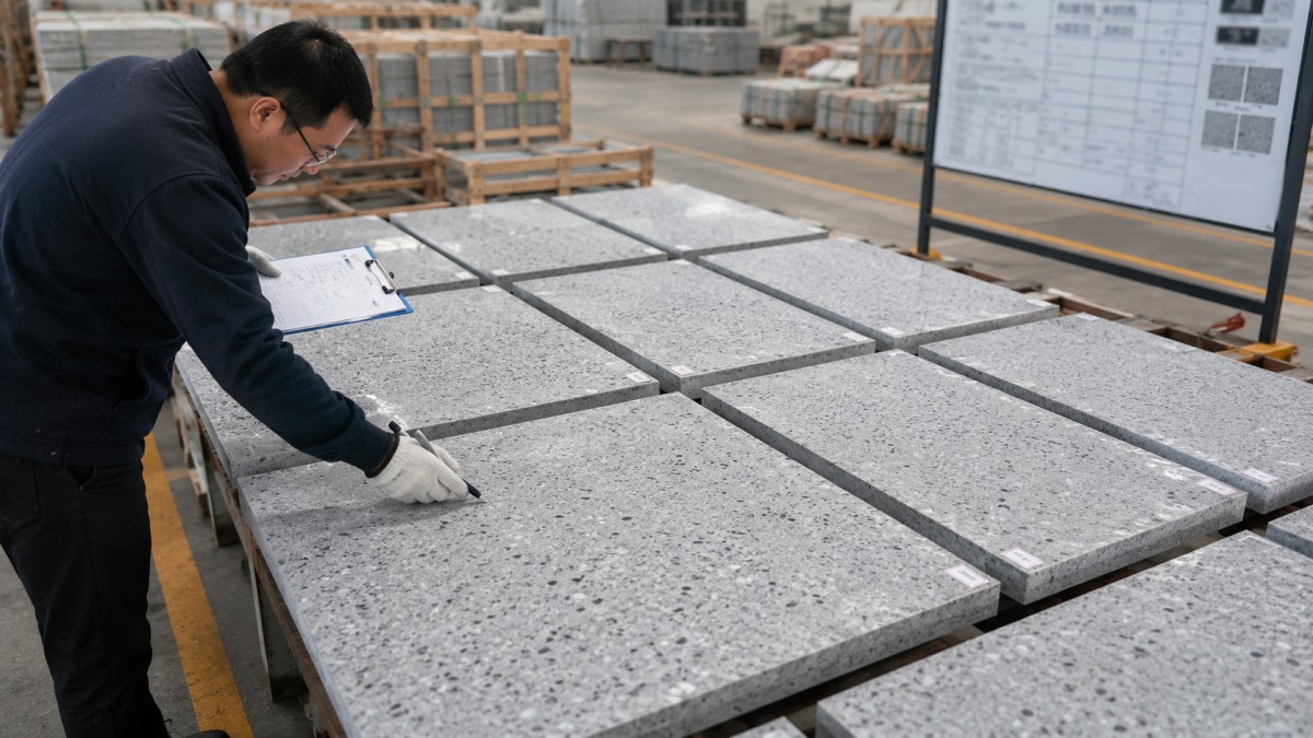 Pre-shipment review photos of terrazzo slabs prepared for project buyer confirmation