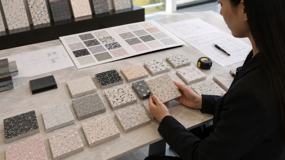 Project buyer reviewing terrazzo samples, drawings, and approval notes before mass production
