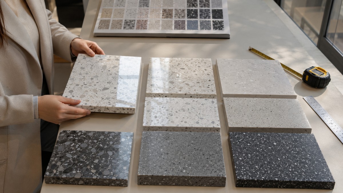 Buyer comparing polished and honed terrazzo samples under natural daylight