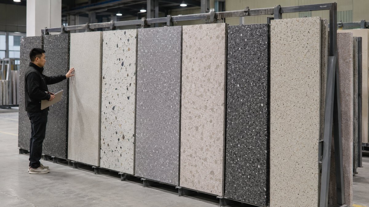 Full terrazzo slabs arranged for buyer photo review before mass production