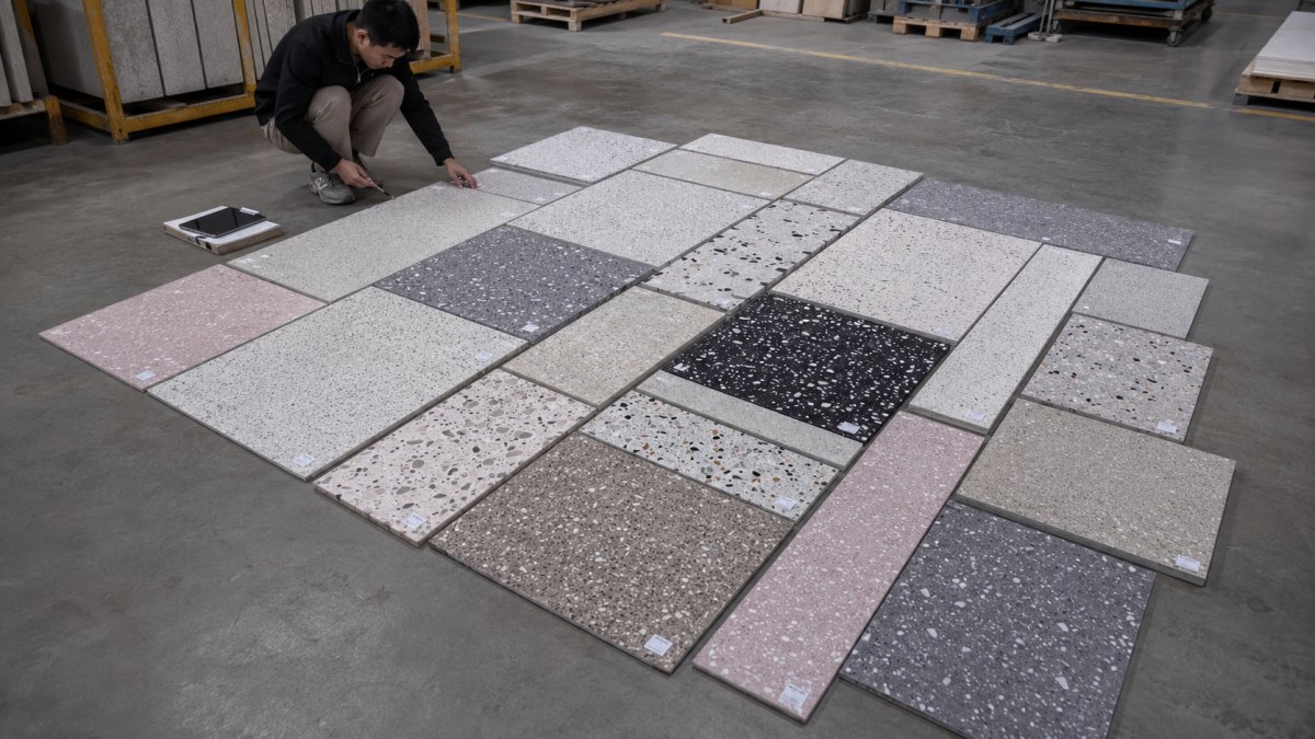 Terrazzo cut-to-size pieces arranged for dry lay photo review before packing