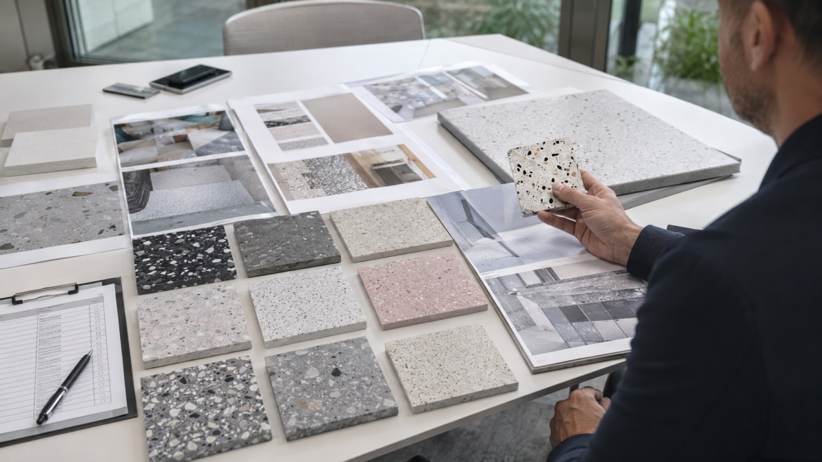 terrazzo-color-variation-review-hero Project buyer reviewing terrazzo samples and full slab photos to compare color variation before approval