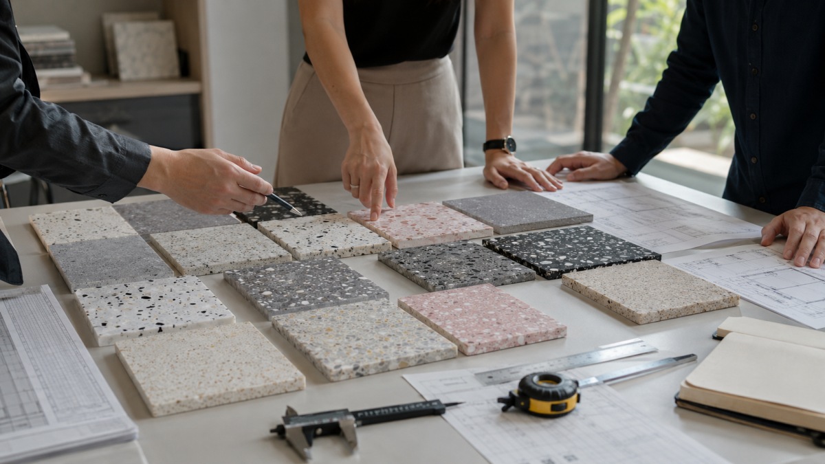 Cement terrazzo and resin terrazzo samples reviewed for project selection