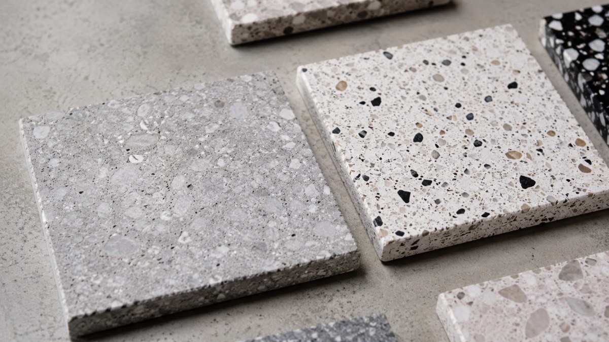 Terrazzo samples showing different binder systems and aggregate appearance