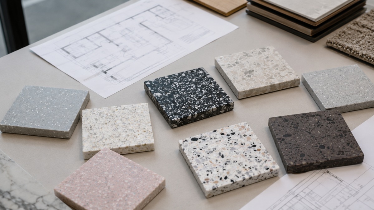 Resin terrazzo sample with clean base color and controlled aggregate pattern