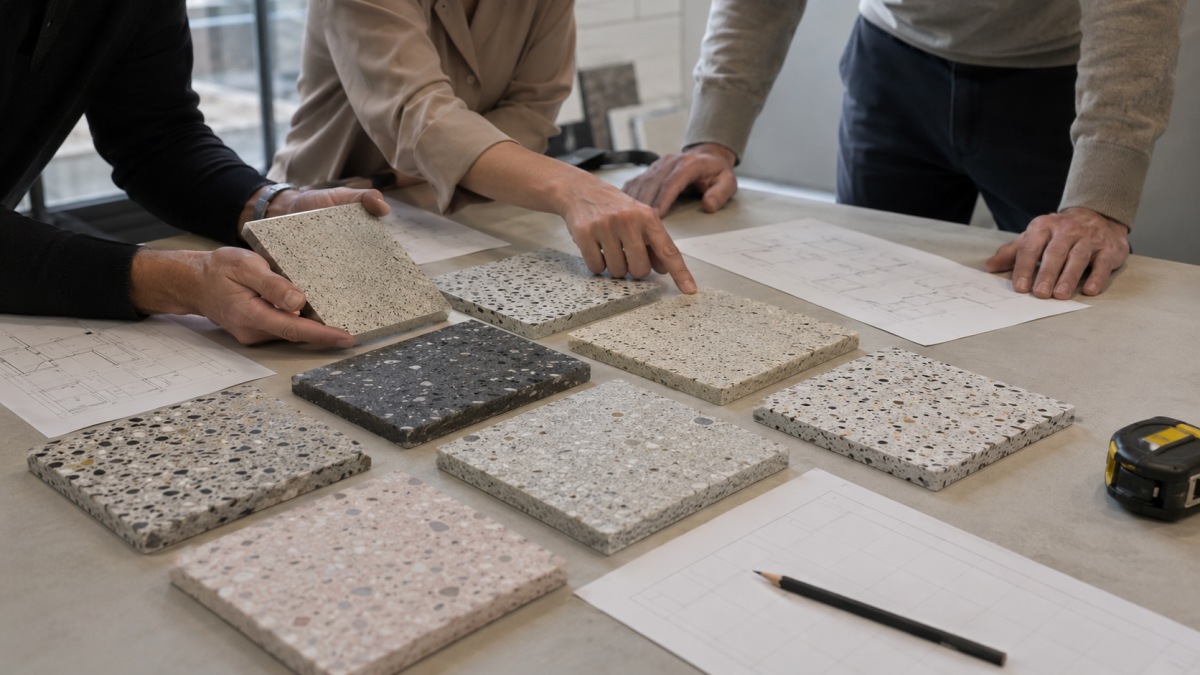Project team reviewing terrazzo system decision table with samples and drawings