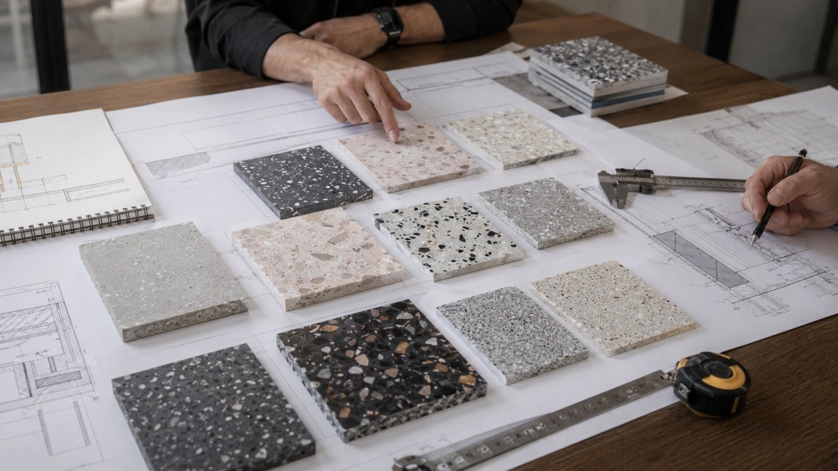 Terrazzo drawings, samples, and installation notes reviewed before quotation