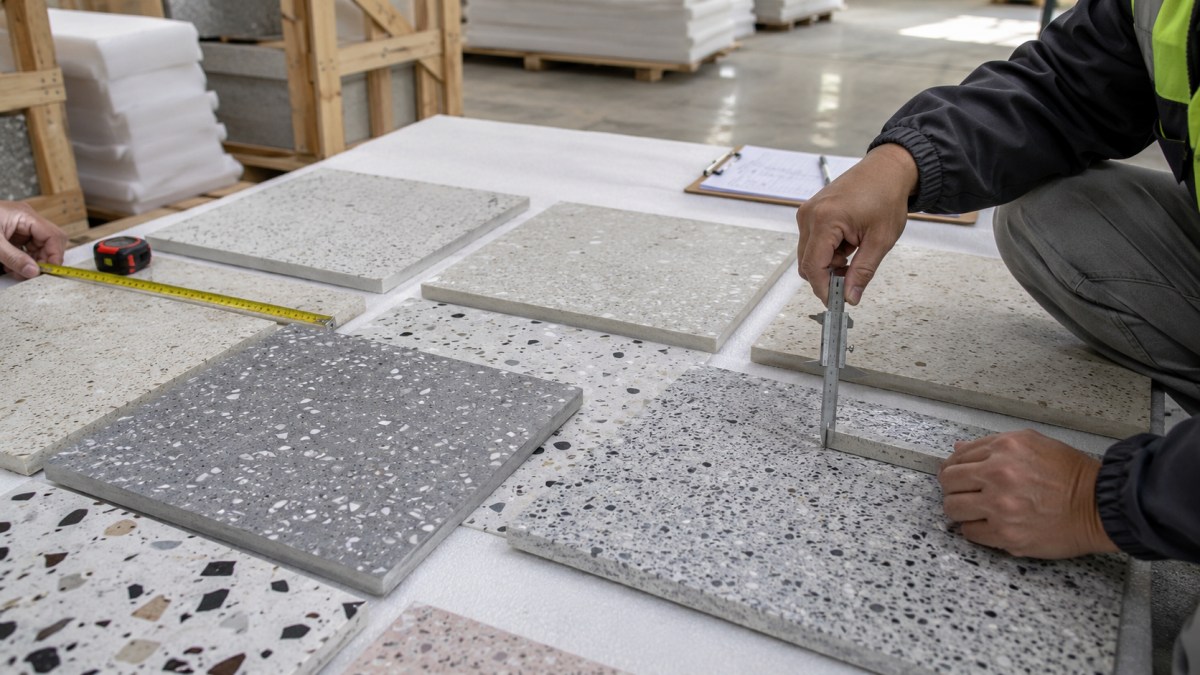 terrazzo-thickness-size-check-before-packing Thickness and size check for terrazzo tiles before packing