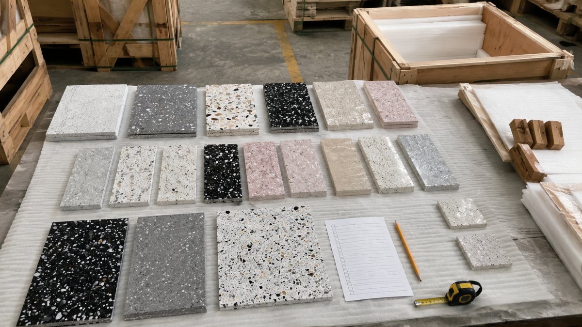 terrazzo-labeling-and-packing-list-check Terrazzo pieces checked with packing references before export