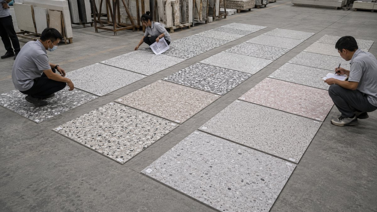 terrazzo-dry-lay-inspection-numbered-pieces Terrazzo dry lay inspection with numbered cut-to-size pieces