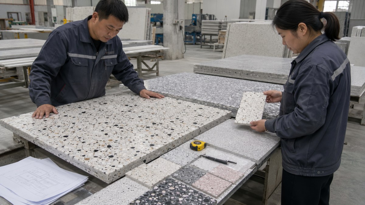 Terrazzo slabs and samples inspected before production confirmation