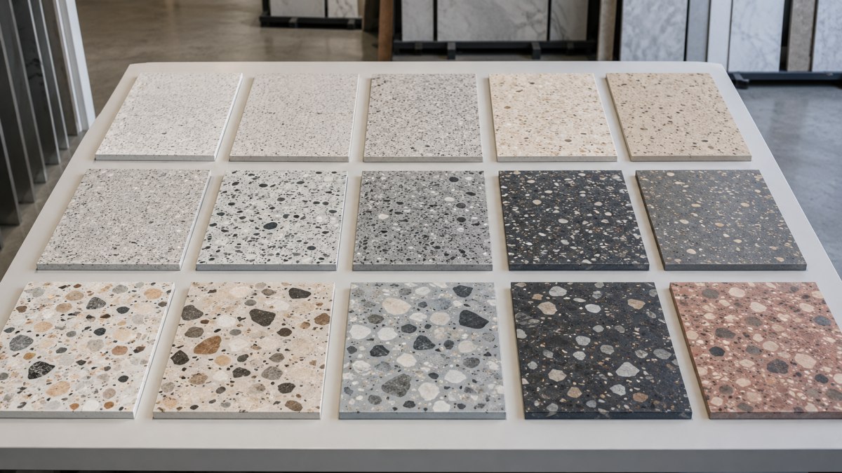 Terrazzo product range with neutral warm and bold color options