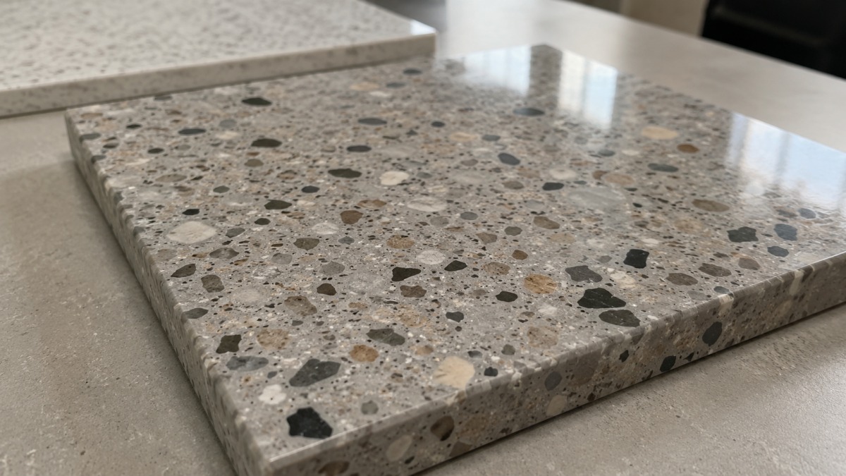 polished-terrazzo-reflective-surface-sample Polished terrazzo sample with reflective surface reviewed under project lighting