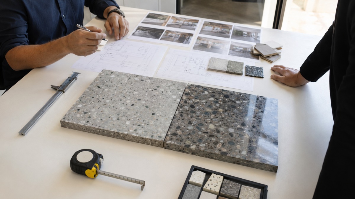terrazzo-finish-approval-checklist Terrazzo finish approval checklist with samples and measuring tools