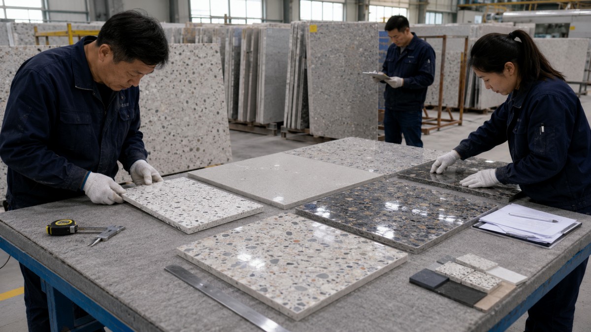 terrazzo-finish-inspection-before-shipment Terrazzo surface finish inspected before shipment in a stone factory