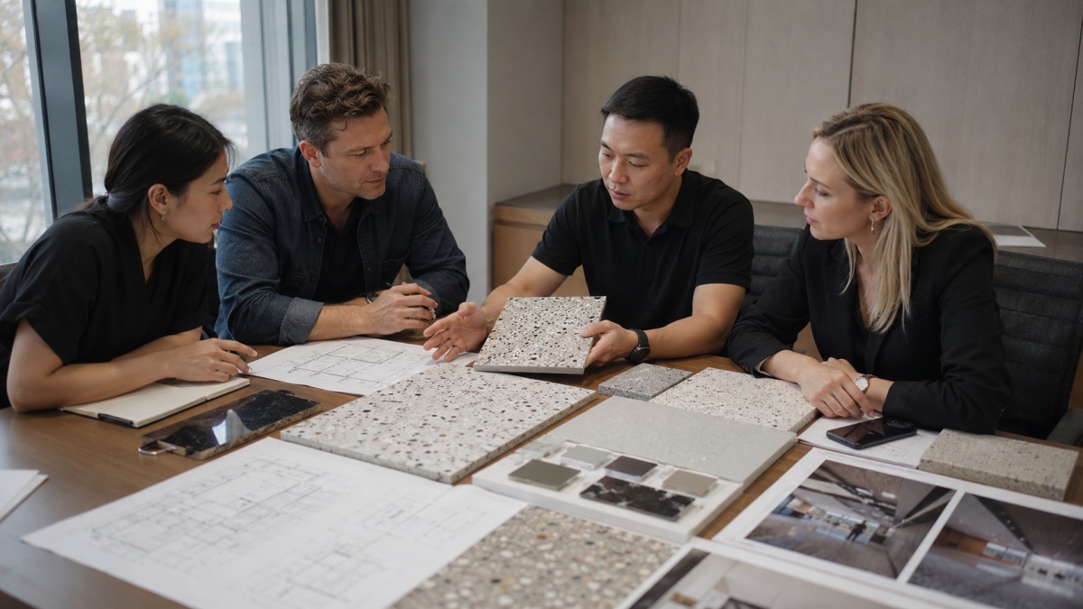 commercial-terrazzo-flooring-approval-review Project team reviewing terrazzo flooring samples and drawings for a commercial project