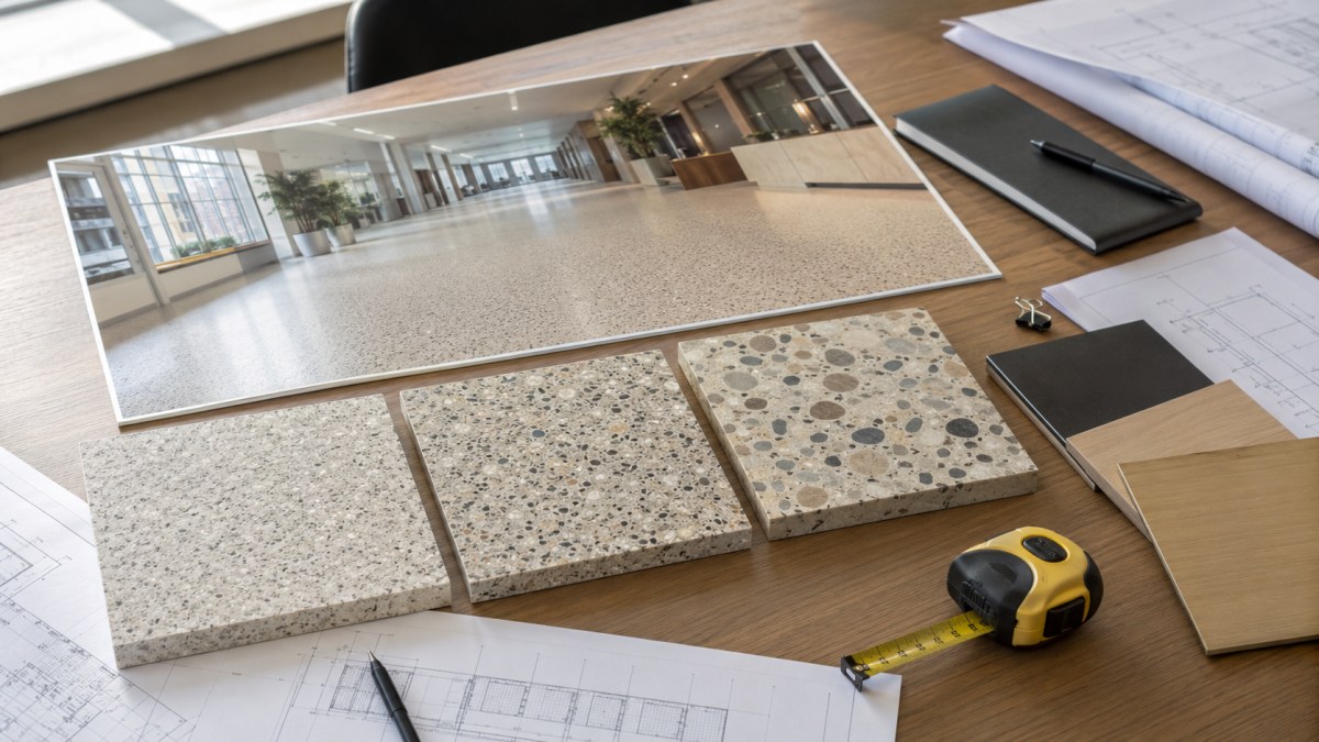 terrazzo-flooring-aggregate-scale-review Terrazzo flooring aggregate size and chip density reviewed before approval