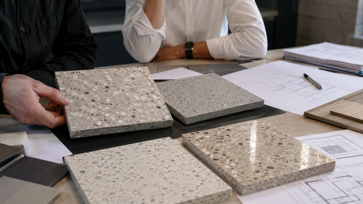 honed-polished-terrazzo-flooring-finish-review Honed and polished terrazzo flooring samples compared under project lighting