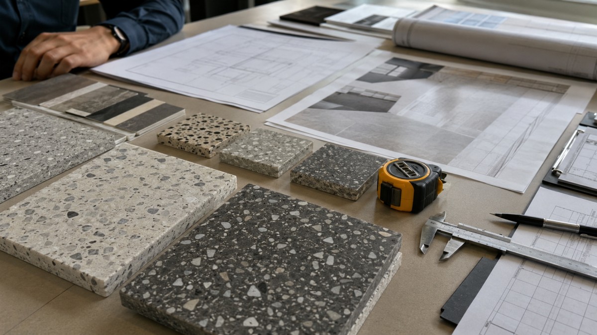 terrazzo-flooring-approval-checklist Terrazzo flooring approval checklist with drawings samples and measuring tools