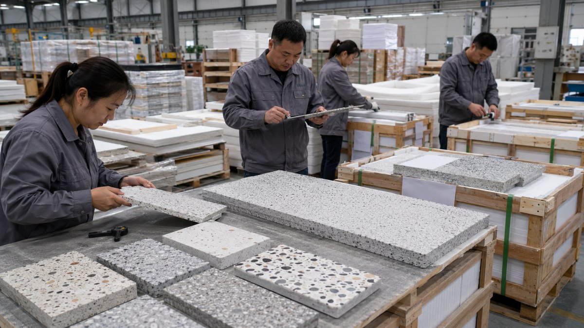 terrazzo-flooring-pre-shipment-inspection Terrazzo flooring tiles inspected and packed before international shipment